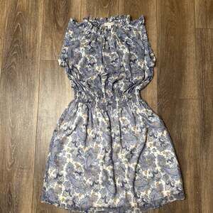 Elaine Rose Blue Paisley Ruffle One Shoulder Strapless Dress Smocked Size M